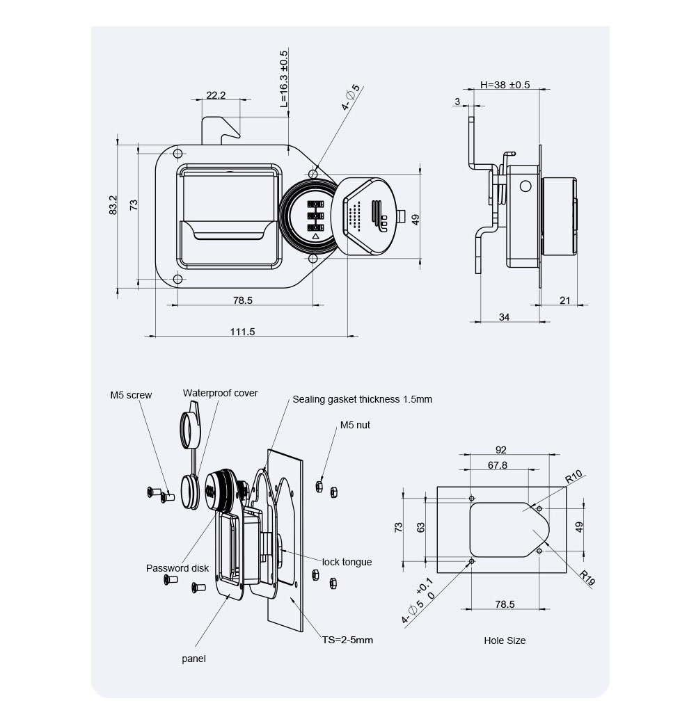 PH8853-3High Toolbox SS304 Paddle Latch Password Plane Lock Keyless Control Cabinet Recessed Handle Combination Locks - Image 6